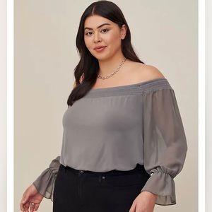 Torrid STUDIO KNIT OFF-SHOULDER SMOCKED WITH CHIFFON SLEEVES SWING TOP
